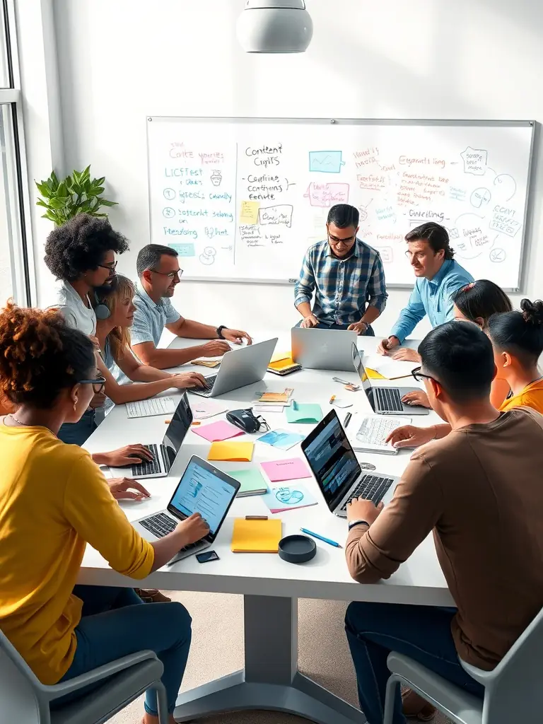 An image of a team brainstorming ideas for unique content development, illustrating the innovative and tailored approach to content solutions.