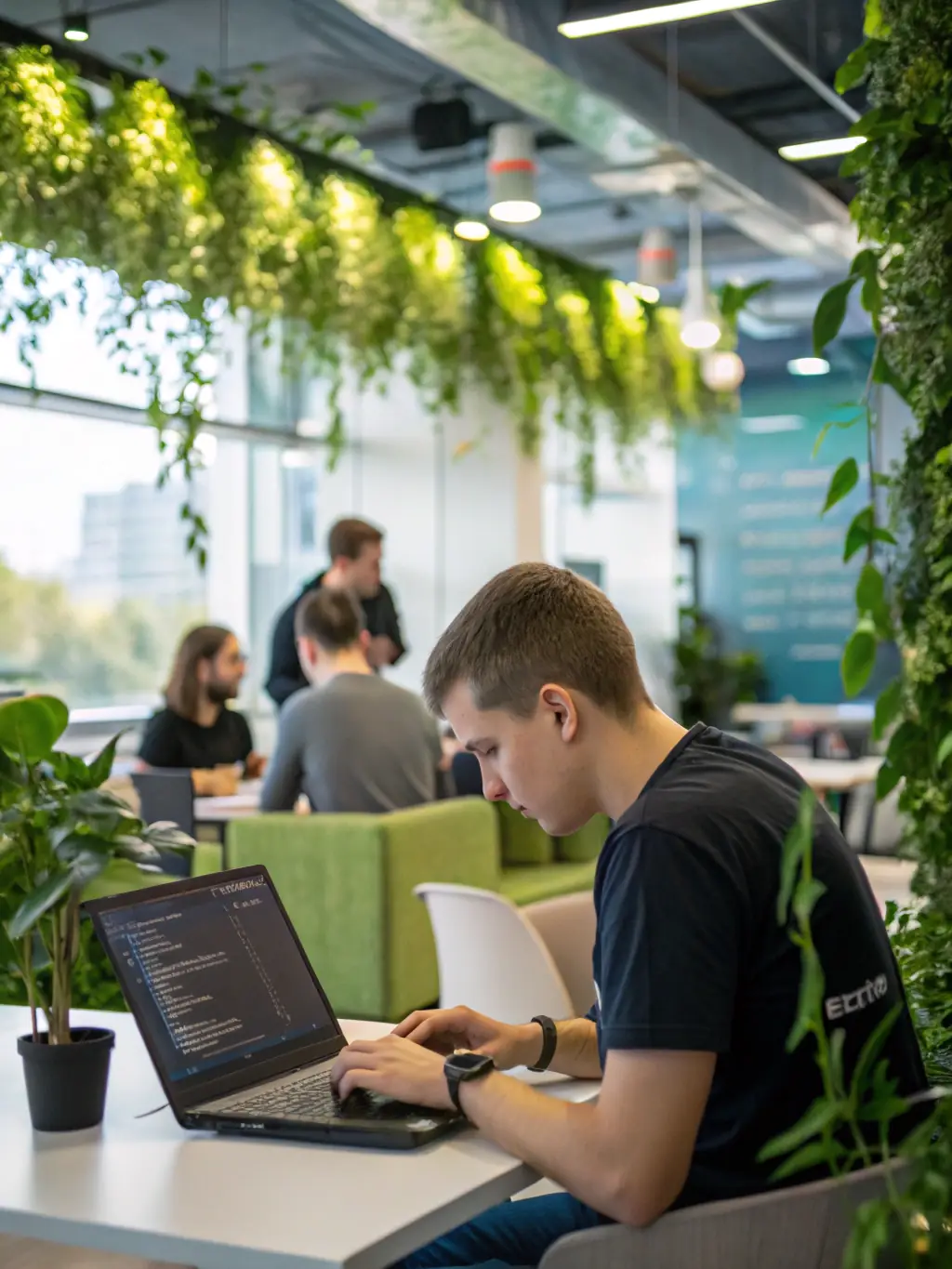 An image of a developer working on software code in a modern workspace, showcasing the custom software development services that streamline communication.