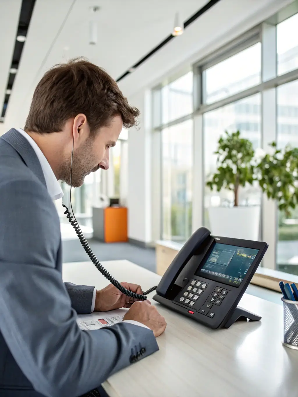 A professional photo of a person using a VoIP phone in a modern office setting, emphasizing clear communication and global connectivity.
