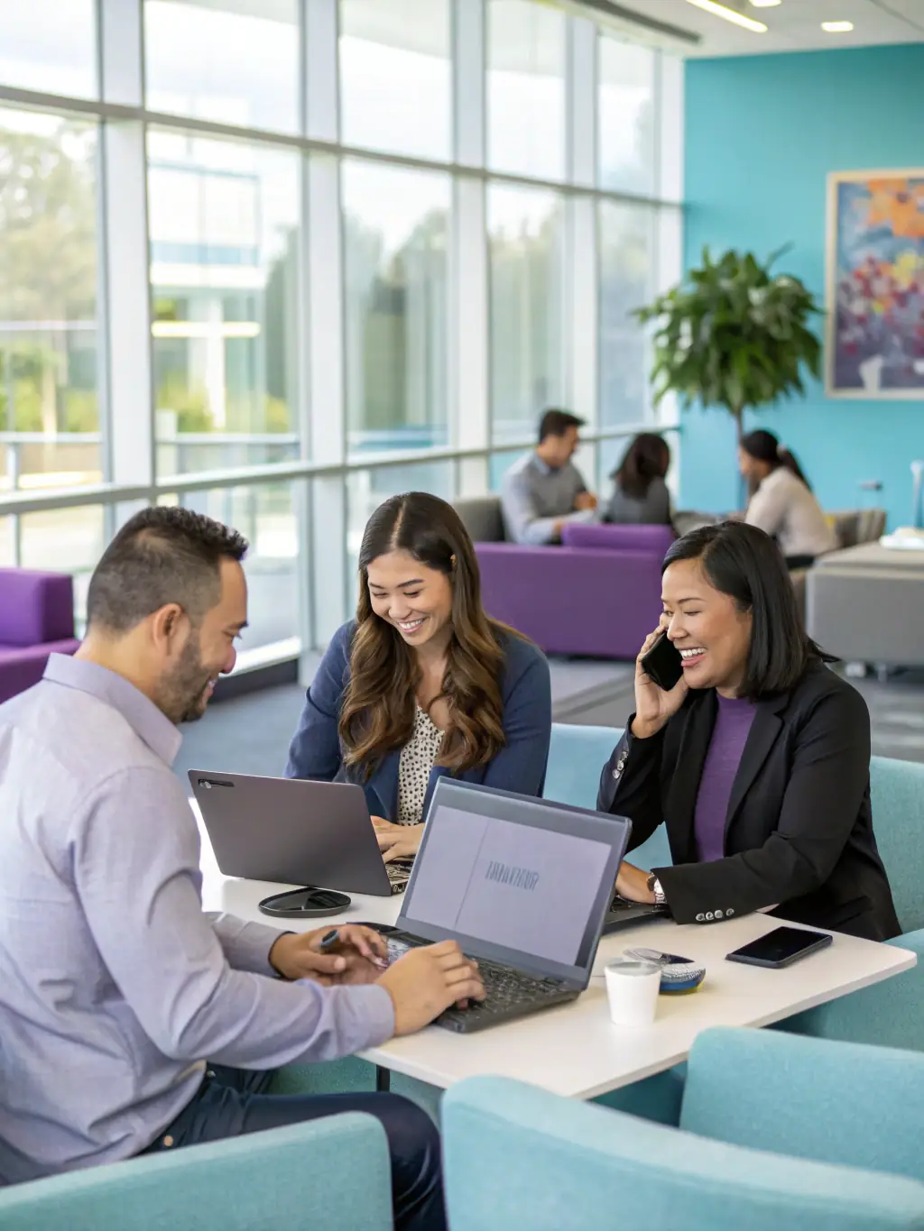 An image showcasing a modern office environment with employees engaged in VOIP communication, highlighting the clarity and efficiency of VOIP services for business communication.